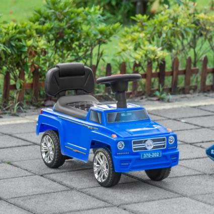 HOMCOM Carro Andador para Bebé de 18-36 Meses Carro sem Pedais com Faróis Música Buzina Compartimento de Armazenamento e Encosto Alto 68x30,5x41,5cm Azul