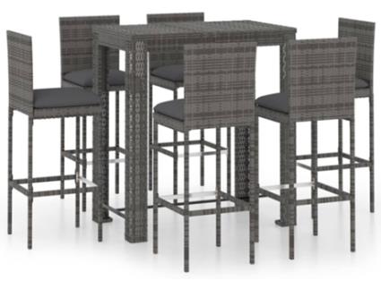 7 pcs conjunto de bar p/ exterior + almofadões vime PE cinzento