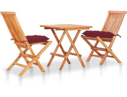 Conjunto bistrô c/ almofadões vermelho tinto 3 pcs teca maciça