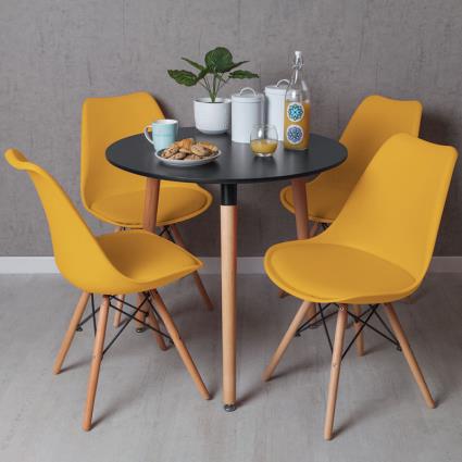 Conjunto Mesa Tower Redonda 80 cm Preta e Pack 4 Cadeiras Tilsen - Amarelo