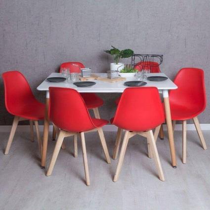 Conjunto Mesa Tower Retangular 120 x 80 cm Branca e Pack 6 Cadeiras Kelen - Vermelho