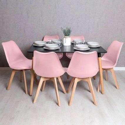 Conjunto Mesa Retangular 120 x 80 cm Preta e 6 Cadeiras Nórdicas Synk - Rosa