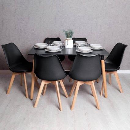 Conjunto Mesa Retangular 120 x 80 cm Preta e 6 Cadeiras Nórdicas Synk - Preto