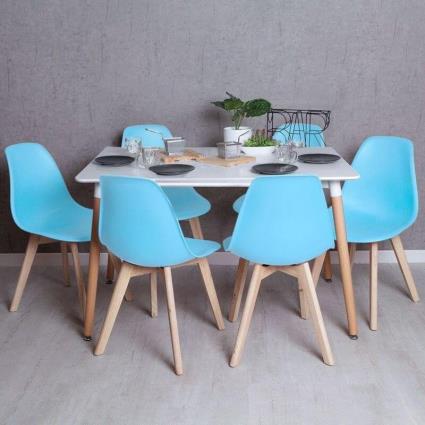Conjunto Mesa Tower Retangular 120 x 80 cm Branca e Pack 6 Cadeiras Kelen - Azul céu