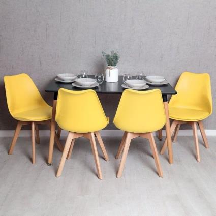 Conjunto Mesa Tower Retangular 120 x 80 cm Preto e Pack 4 Cadeiras Synk Basic - Amarelo