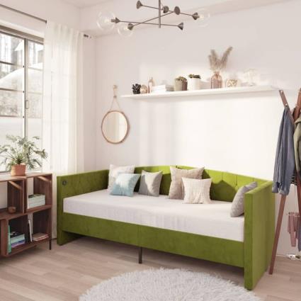 Sofá-cama c/ colchão e saída USB 90x200 cm veludo verde-claro