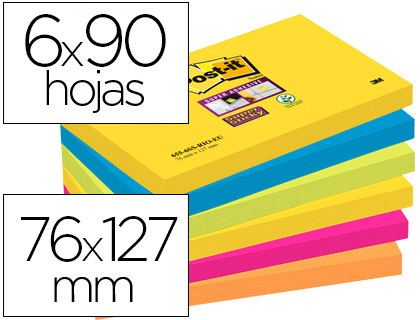 Bloco Notas Adesivas  Super Sticky 76X127 mm c/ 90 Folhas (6 Blocos) Cores Sortidas Rio