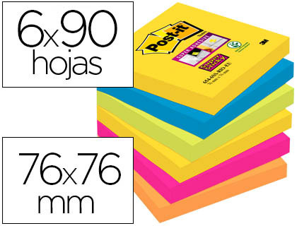 Bloco Notas Adesivas  Super Sticky 76X76 mm c/ 90 Folhas (6 Blocos) Cores Sortidas Rio