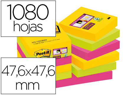 Caderno de Notas Adesivas  Super Sticky 51X51 mm (12 Unidades) Cores Intensas Sortidas