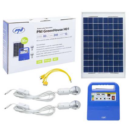 Solar NIP fotovoltaica GreenHouse H01 30W com 12V / 7Ah, USB / Radio / MP3, 2 LEDs