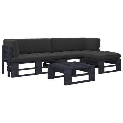 4 pcs conj. lounge paletes c/ almofadões pinho impregnado preto
