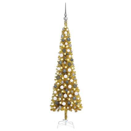 Árvore de Natal fina com luzes LED e bolas 120 cm dourada