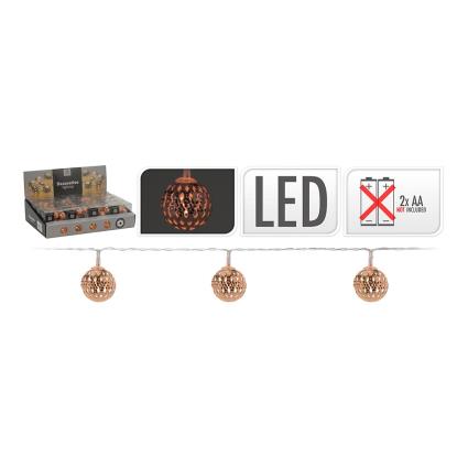 GRINALDA BRANCO QUENTE 10 LEDS COM BOLAS COR COBRE (2,5CM) COM PILHAS IP20 1,3M