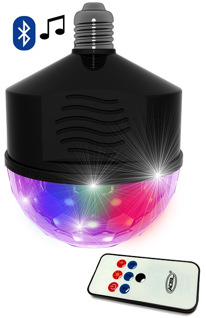 Lampada LED RGB E27 c/ Efeito de Luz Rotativo e Coluna Bluetooth 4W - PartyFunLights