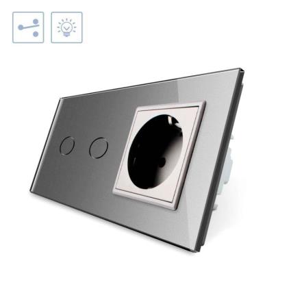 Comutador táctil 2 botões + 1 tomada frontal cinzento