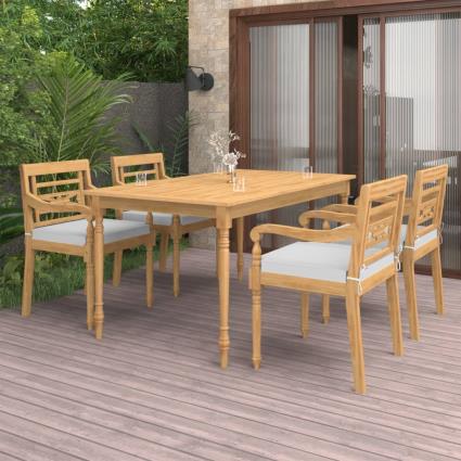 5 pcs conjunto de jantar p/ jardim c/ almofadões teca maciça