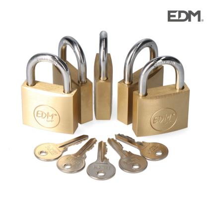 PACK DE 5 CADEADO LATÃO ARCO NORMAL 5 CHAVES IGUAIS 40X23MM 