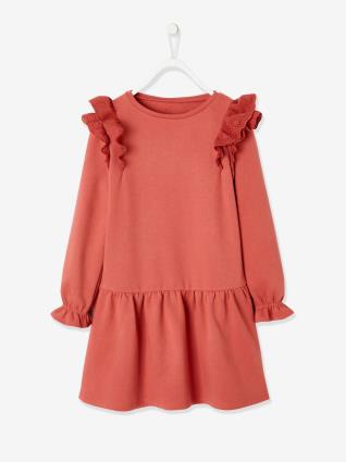 Vestido em moletão, folhos em bordado inglês, para menina castanho claro liso