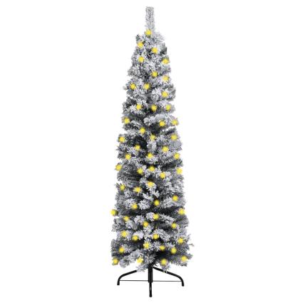 Árvore de Natal fina com luzes LED e neve 150 cm PVC verde