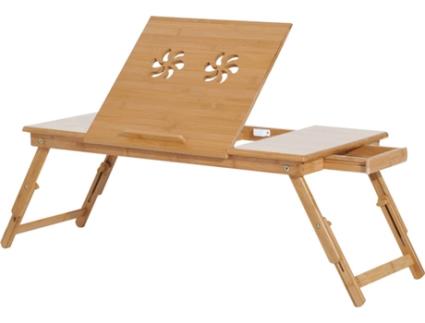 HOMCOM Mesa de computador portátil Bandeja de cama de bambu Dobrável Reclinável Altura Ajustável Apoio Mesa colo 1 Gaveta 72x35x22-30 cm