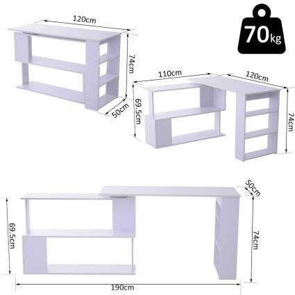 HOMCOM Secretária Mesa de Escritório Mesa de Canto Rotação 360° Multiformes com 5 Prateleiras Estante Branca