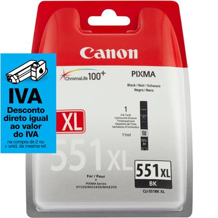 Tinteiro Original CLI-551 BK XL de Alto Rendimento com Tinta ChromaLife 100+, Preto, Individual, 6443B004