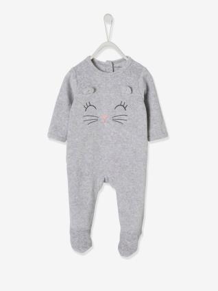 Pijama 'rosto' em veludo, para bebé cinzento claro liso com motivo