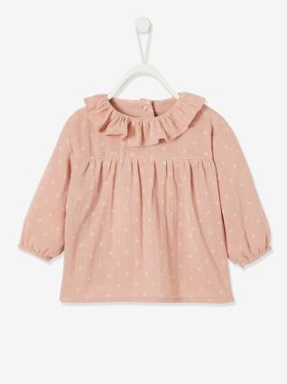 Blusa em gaze dupla com gola larga, para bebé rosa medio estampado