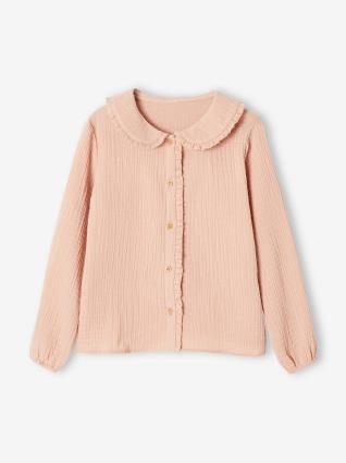 Blusa em gaze de algodão, com folhos e motivos estampados, para menina rosa claro liso