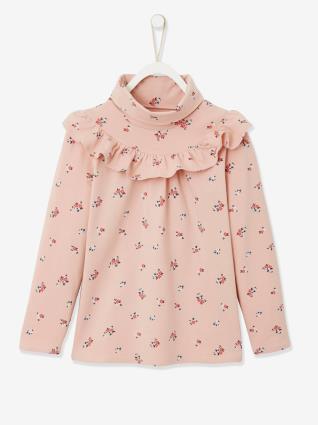 Camisola de gola alta às flores, com folho, para menina rosa escuro estampado