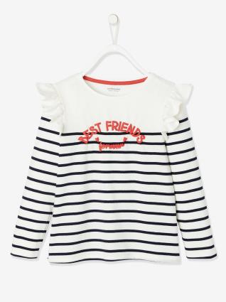 Camisola estilo marinheiro, com folhos, para menina branco claro as riscas