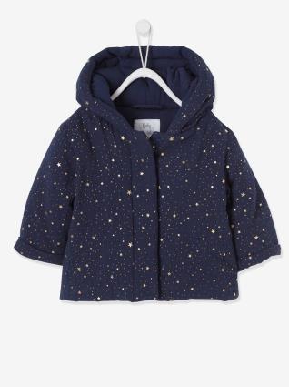 Sobretudo em gaze de algodão acolchoado, para bebé menina azul escuro estampado