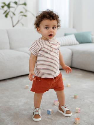 Conjunto t-shirt às riscas + calções, para bebé menino laranja escuro as riscas
