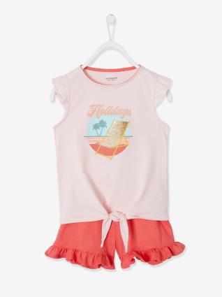 Conjunto t-shirt e calções com folhos rosa medio liso