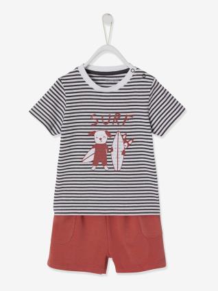 Conjunto calções e t-shirt às riscas, para bebé cinzento escuro as riscas