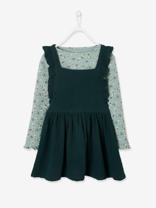 Conjunto camisola em canelado e vestido, em gaze de algodão verde medio liso