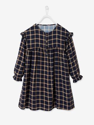 Vestido com folhos, aos quadrados, para menina azul escuro quadrados