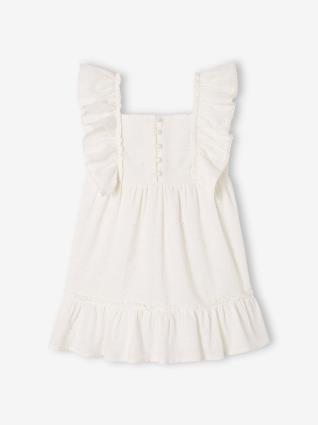 Vestido de cerimónia com folhos, tecido em relevo efeito bolas, para menina branco claro liso