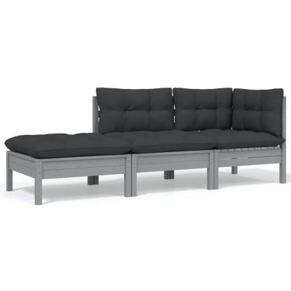 vidaXL 3 pcs conj. lounge jardim c/ almofadões pinho maciço cinzento