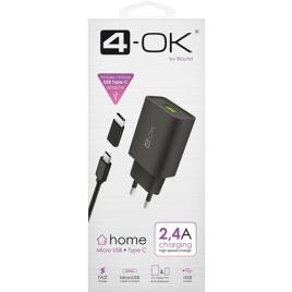 Carregador 4-OK 2.4A USB para Micro USB + Adaptador Micro USB para USB-C
