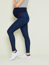 Treggings efeito jeans, sem costuras, para grávida azul escuro liso