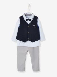 Conjunto de cerimónia: colete + camisa + laço papillon + calças, para menino azul escuro liso