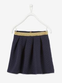 Saia larga com detalhes irisados, para menina azul escuro liso com motivo