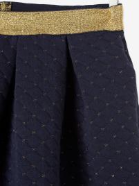 Saia larga com detalhes irisados, para menina azul escuro liso com motivo