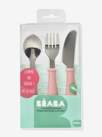 Conjunto de 3 talheres de aprendizagem, em inox, da BEABA rosa claro liso