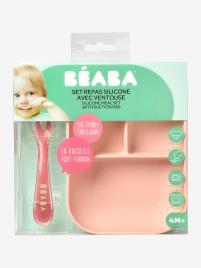Conjunto de louça, 2 peças em silicone, BEABA rosa claro liso