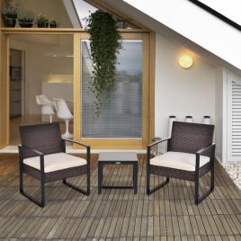 Conjunto de Móveis de Jardim de Vime 3 Peças com 1 Mesa 42,5x40x39 cm 2 Poltronas 63x57x76 cm Almofada Acolchoada para Pátio Va