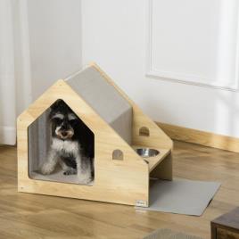 Casa para Cães de Madeira Casa de Interior para Cães com Comedouro 2 Tigelas de Aço Inoxidável e Almofada Suave Removível 62x40