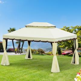 Pérgola de Jardim 4x3m Pérgola de Alumínio com Teto com Ventilação 4 Cortinas Laterais 4 Telas Mosquiteiras e 8 Orifícios de Dr