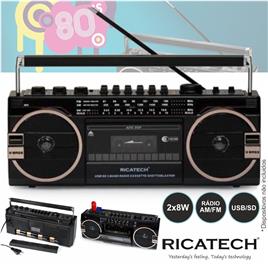 RÁDIO PORTÁTIL AM/FM 2x8W 80s USB/SD RETRO RICATECH